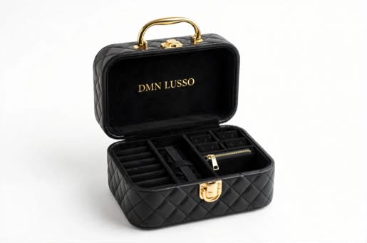 DMN LUSSO - Portagioie da Viaggio in Pelle Nera + 6 Sacchetti Velluto OMAGGIO